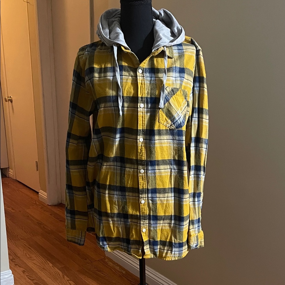 Cotton On Mustard and Navy Plaid Hooded Shirt Jacket